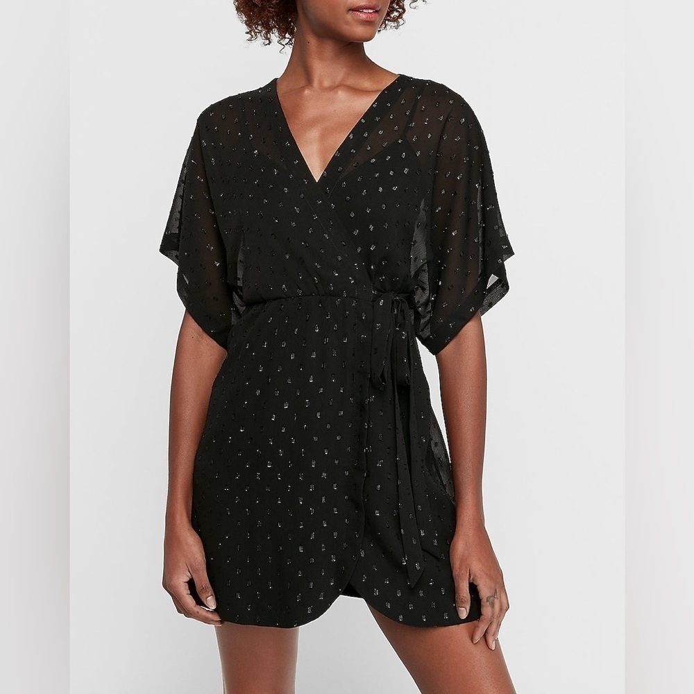Express Metallic Clip Dot Kimono Sleeve Wrap Dress XS